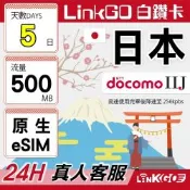LINKGO白鑽卡 日本原生 eSIM卡 DOCOMO/IIJ 5天上網500MB/日(日本網卡 沖繩 大阪 北海道 東京)