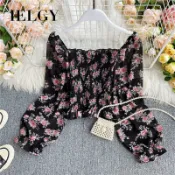IELGY 長袖高腰復古收腰碎花方領雪紡襯衫