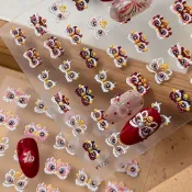 2026新年醒獅美甲貼紙 立體浮雕招財國潮風紅色粉色指甲貼花 舞獅面具指甲貼飾品