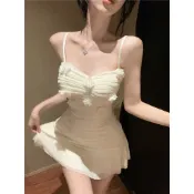 【桃喜Rich女裝】純欲性感辣妹短洋 白色洋裝 花朵拼接網紗包臀魚尾裙 吊帶短款收腰連衣裙 韓系洋裝