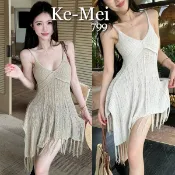 克妹Ke-Mei【ZT24544】Vacation女神渡假風勾織復古流蘇深V中長連身洋裝