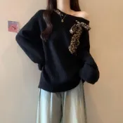 熱賣推薦｜肯尼亞風豹紋針織衫上衣2026秋冬大碼女裝胖mm寬鬆慵懶風斜肩毛衣
