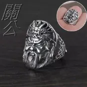 【關公戒指】可調式立體關聖帝君戒指關羽龍帽關公造型招財避邪威武霸氣十足銀色武財神關公飾品指環
