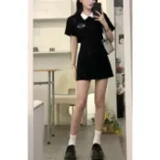 冰絲露腰綁帶洋裝短袖連身裙 Polo領學院風  露背連衣裙 法式小心機修身短袖包臀裙 短袖洋裝 露腰顯瘦