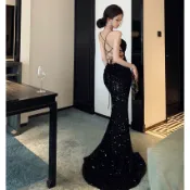 【絕美黑天鵝】黑色亮片露背吊帶魚尾長裙 宴會主持禮服 開叉拖地顯瘦修身 名媛氣質晚禮服 高級感生日派對女神洋裝