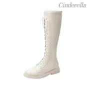 Cinderella 白色高筒馬丁靴韓版百搭騎士靴瘦瘦靴子 機車長靴 長靴 不過膝長靴 瘦腿靴 時裝靴 韓版長筒靴