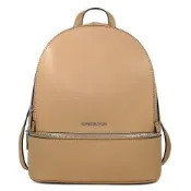 MICHAEL KORS Rhea 銀字Logo鵝卵石紋皮革雙層拉鍊後背包(花生色)