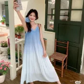 【法式海邊度假風】漸變色吊帶連衣裙 無袖長款連身裙 夏季新款度假洋裝 海邊洋裝 渡假洋裝 渡假風洋裝 海浪印花
