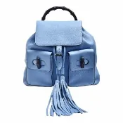 【GUCCI 古馳】荔枝紋牛皮竹節造型後背包(展示品-水藍色)
