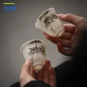 墨己暮蒼齋聯名手繪墨竹茶杯功夫茶具陶瓷品茗杯主人杯家用聞香杯myg8021