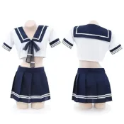 (店+)經典藍白配色學生制服(上衣+短裙魔鬼氈貼+丁字褲+棉質長筒襪)四件組角色扮演服 性感內衣 情趣衣服 女性情趣用品