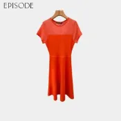 EPISODE - 百搭氣質羅紋拼接素色短袖針織傘擺洋裝（橘）143736