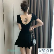 正韓2023新款夜店女裝氣質釘珠露背黑色性感包臀魚尾A字連衣裙子女夏洋裝禮服連身裙[衣笙衣世]