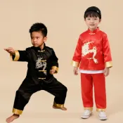中國風龍紋綢緞長袖上衣+縮口褲 套裝 男童 兒童 童裝 功夫服 武術 拜年服 中式 唐裝 大紅 過年【BB9177】