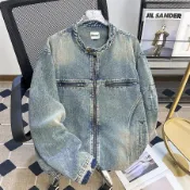 美式立領機車復古工裝夾克男 刺繡水洗百搭休閒寬鬆牛仔外套男m-3xl