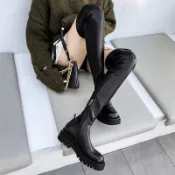 【韓貨★免運】必備過膝靴 長筒靴女 新款厚底黑色長靴 彈力皮面高跟大尺碼高筒靴 高筒馬丁靴 長筒靴 粗跟素面長靴 膝上靴