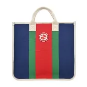 【GUCCI 古馳】GG LOGO紅綠色織帶帆布手提托特包(深藍)