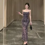 法式聚會派對性感豹紋吊帶長裙女裝緊身無袖露背中長款魚尾洋裝