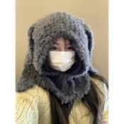 思樂小舖 可愛毛絨長耳朵兔子帽子女凹造型保暖護耳巴拉克拉法帽秋冬套頭帽 保暖帽 毛帽 針織帽 秋冬帽 韓版棉帽 帽