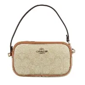 【COACH】COACH JAMIE 金字馬車LOGO印花PVC滾邊牛皮拉鍊肩背包(淺卡其x棕)