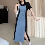 [韓國K.W.]韓國丹寧牛仔危險誘惑拼接假二件優雅洋裝(小香風/輕量/洋裝/休閒/日系/通勤/渡假)