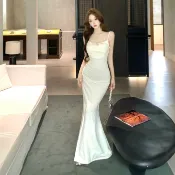法式聚會派對性感素色吊帶長裙女裝緊身高級設計鑲鑽露背無袖中長款緊身洋裝