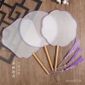 ✨臺灣出貨✨燃燈古風真絲團扇空白長柄熟絹工筆國畵水彩繪畵扇子空白刺繡圓扇 5PEP