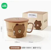 泡麵碗 LINE FRIENDS可愛帶把手泡面碗帶蓋陶瓷飯碗大號可微波爐餐具宿舍【摩可美家】