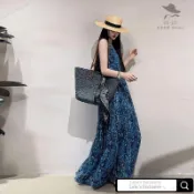 💖限時低價💖 無袖連身裙 洋裝 韓國 A字裙 夏季深藍色碎花連衣裙吊帶長裙高個子加長版海邊拍照度假沙灘超僊T18