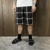 美國百分百【全新真品】QuikSilver 閃銀 海灘褲 綁繩 休閒 衝浪褲 男款 logo 短褲 格紋 黑色 A649