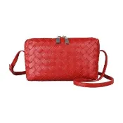 【BOTTEGA VENETA 寶緹嘉】BV BOTTEGA VENETA 經典小編織LOGO小羊皮拉鍊斜背包(紅)