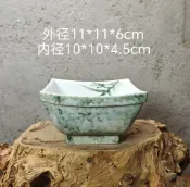 古瓷堂日本回流瓷器 日本回流 抹茶雪花釉 手繪竹葉 缺角四方斗口碗 無孔花盆 飯碗 湯碗 水培花盆 旭山底款 造型獨特