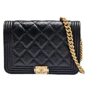 【CHANEL 香奈兒】經典BOY系列復古金釦壓邊菱格粒紋小牛皮WOC斜背包(迷你-黑)
