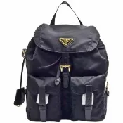 【PRADA 普拉達】經典Saffiano金色三角LOGO雙口袋穿釦束口尼龍後背包(entrupy安心購)