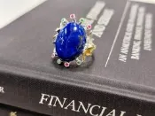 降價！英國HARRODS天然原礦青金石戒指鑲嵌天然青金石天青石老礦925純銀戒指男女均可活圈