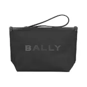 【BALLY】BALLY 銷光黑LOGO尼龍搭小牛皮飾邊拉鍊手拿包(黑)