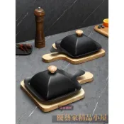 烤盤 鐵板燒盤 方形單柄鑄鐵烤盤帶蓋鐵板燒盤家用燃氣灶餐廳煎牛排盤烤肉鍋商用