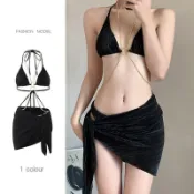 比基尼 三件套泳衣女 分體泳衣 女生泳衣 性感三角綁帶 bikini綁巾 泳裝女  海邊渡假 溫泉泳衣 黑色鏈條超辣妹