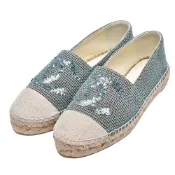 CHANEL香奈兒 經典Espadrilles雙C LOGO棉麻編織鉛筆鞋(薄荷綠)