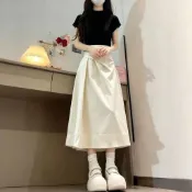 ❤️臺灣發貨 韓系奶油白高腰長裙 女生顯瘦不規則腰頭A字裙 打褶大裙擺氣質百搭半身長裙氣質女早春夏韓系穿搭一整套裝長裙