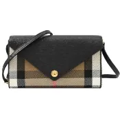 【BURBERRY 巴寶莉】WOC 經典棉麻格紋牛皮拼接多卡式翻蓋斜背包(黑邊)