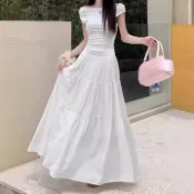 韓版裙子 白色洋裝 白色長裙 大碼胖mm蛋糕白色半身裙女 韓國傘裙 大擺傘裙皺褶 微胖中長裙子 蓬蓬蛋糕裙 女生長裙