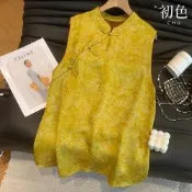 初色 中式國風立領斜襟緹花無袖中長改良式旗袍襯衫上衣女上衣-黃色-14231(M-3XL可選)