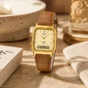 【CASIO 卡西歐】AQ-230EGL-9ADF 復古金框 真皮錶帶 指針數位雙顯 電子錶