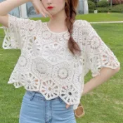 （時尚單品手勾短袖）🤍韓版顯瘦性感鉤花鏤空短款百搭淑女甜美小眾蕾絲罩衫🤍六角形蜂窩格針織花形上衣 波希米亞風針織上衣