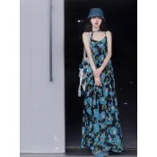 夏日新品🌷長洋裝 落地洋裝 連身洋裝 連身長裙 海邊穿搭 渡假風 日係洋裝 法式海邊度假長裙質感高級感藍色花色新款無袖