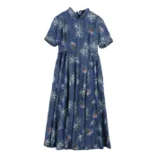 (店+)【米蘭精品】現貨+預購 連身裙牛仔洋裝大碼A字裙長洋裝休閒女裝(立領印花短袖大擺女裙子74ad3)