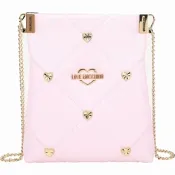 LOVE MOSCHINO 愛心鉚釘菱格绗縫皮革鍊帶斜背扁包(櫻花粉)