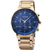 【CITIZEN 星辰】星辰GENT三眼石英鋼帶男錶-藍面玫瑰金(AN8223-54L)