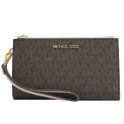 【Michael Kors】新版滿版MK印花LOGO手提式雙拉鍊手機袋長夾(深咖/粉)